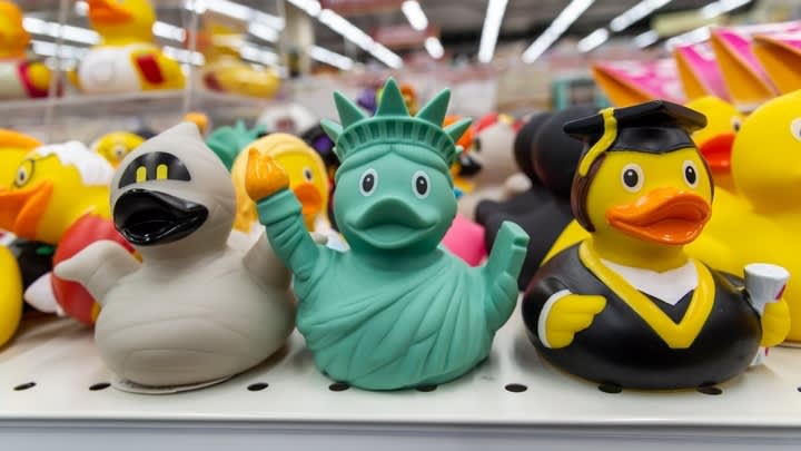 Novelty souvenir rubber ducks including one as the Statue of Liberty